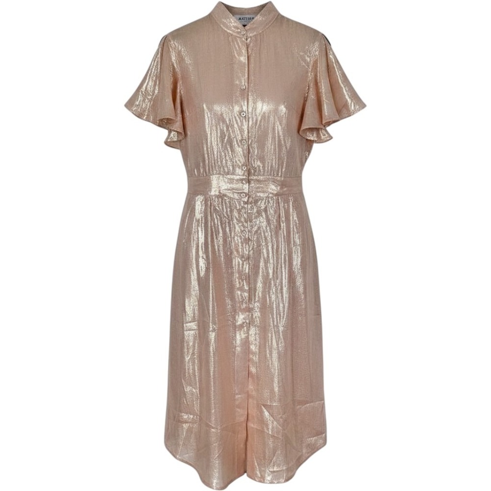 Astier Silk Liquid Organza Sheer Rose Gold Flutter Sleeve Midi Shirt Dress 6